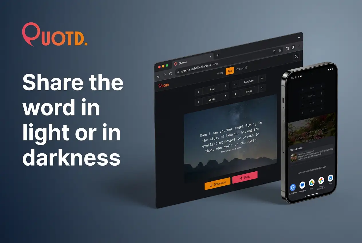 Quotd app mockup showing dark mode, with text 'Share the word in light or in darkness'